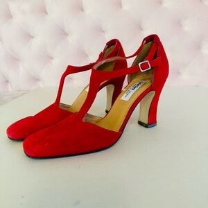 Vintage 90’s Red Suede T-Strap Heels 8